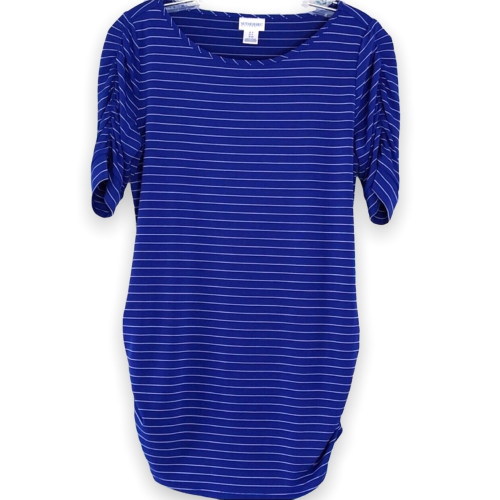 Motherhood Maternity Blue Tee Shirt White Stripes Size Small with Ruching